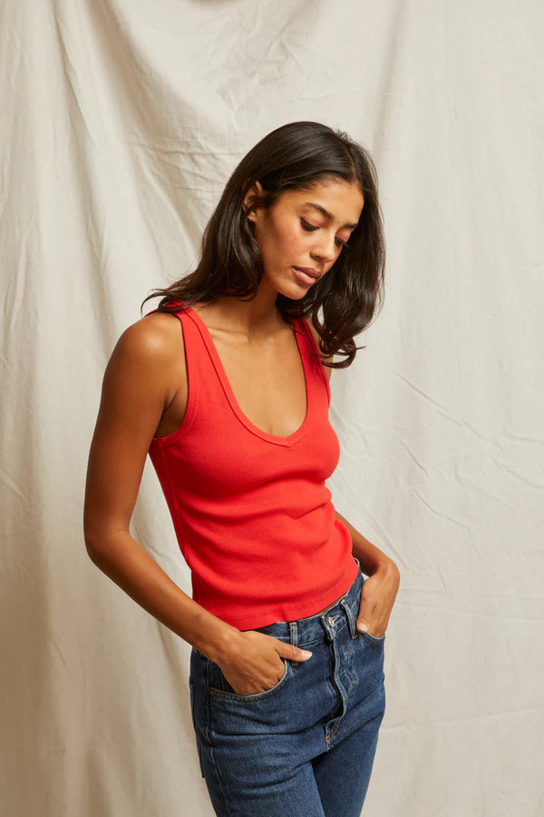 Maria Structured Rib V-Tank In Poppy Red - Romantiques