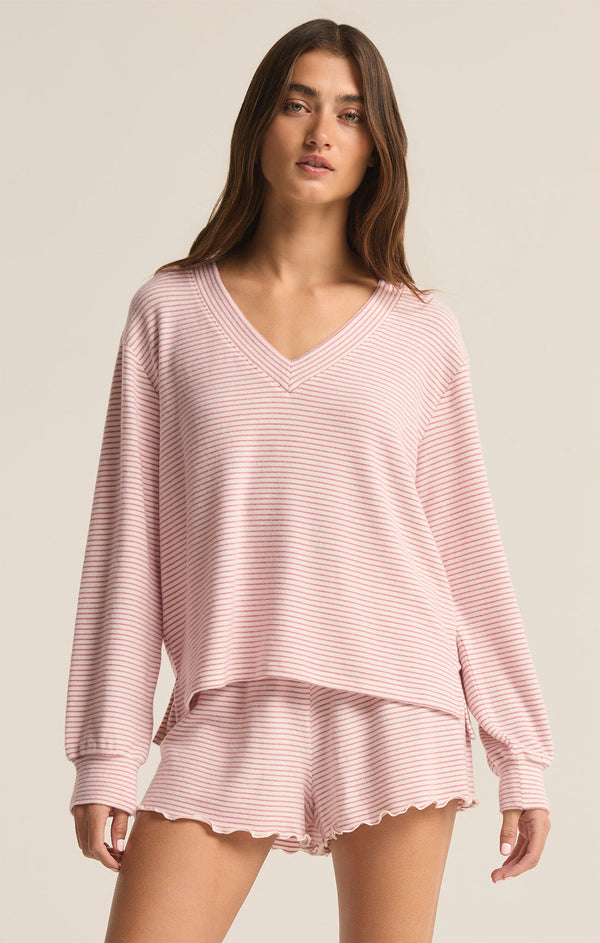 Stay Cozy Stripe Long Sleeve Top In Lilac Punch