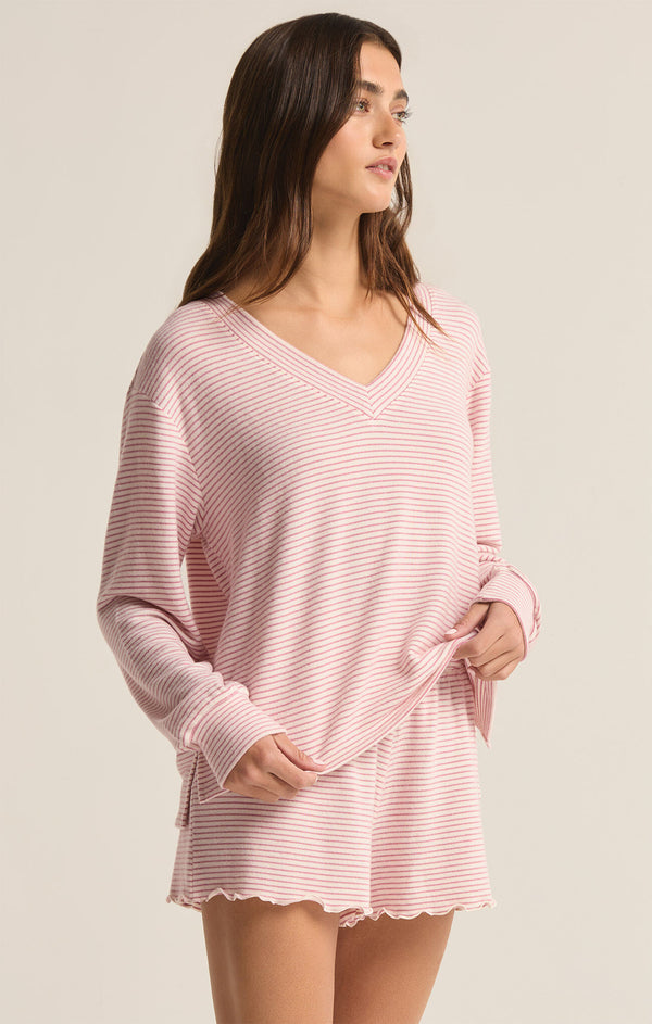 Stay Cozy Stripe Long Sleeve Top In Lilac Punch