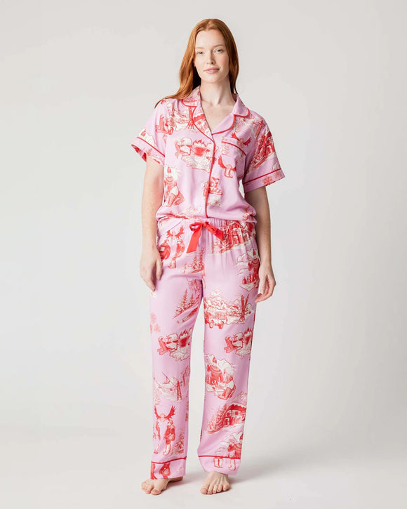 Apres Ski Toile Pajama Pants Set in Lilac Cranberry