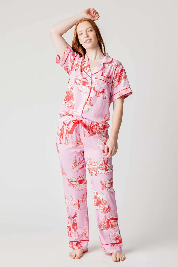 Apres Ski Toile Pajama Pants Set in Lilac Cranberry