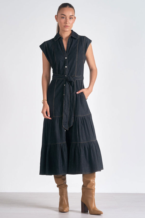 Julia Denim Midi Cap Sleeve Dress in Black