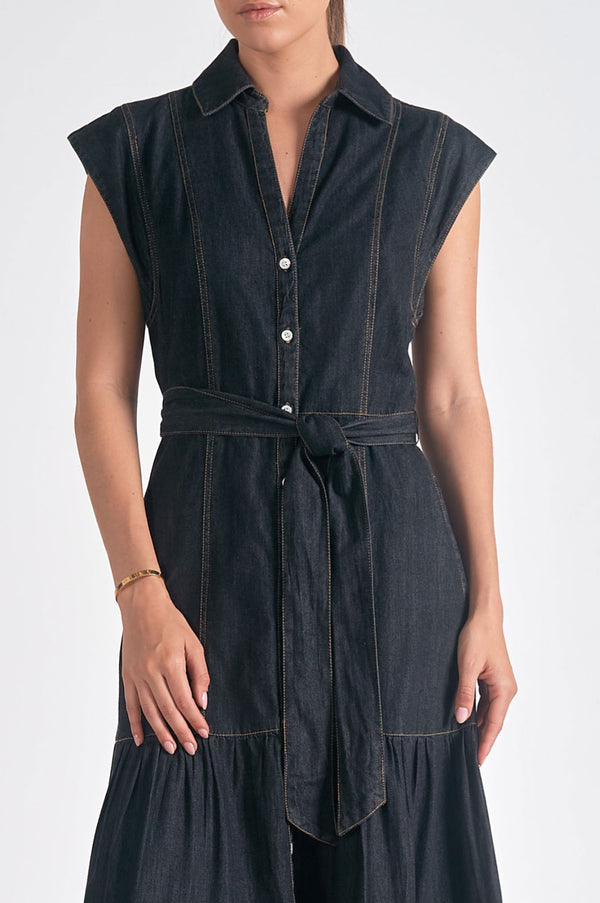 Julia Denim Midi Cap Sleeve Dress in Black