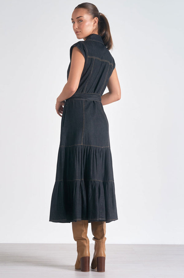 Julia Denim Midi Cap Sleeve Dress in Black