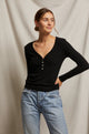 Evangeline Sweater Rib V-Neck Long Sleeve Top In True Black