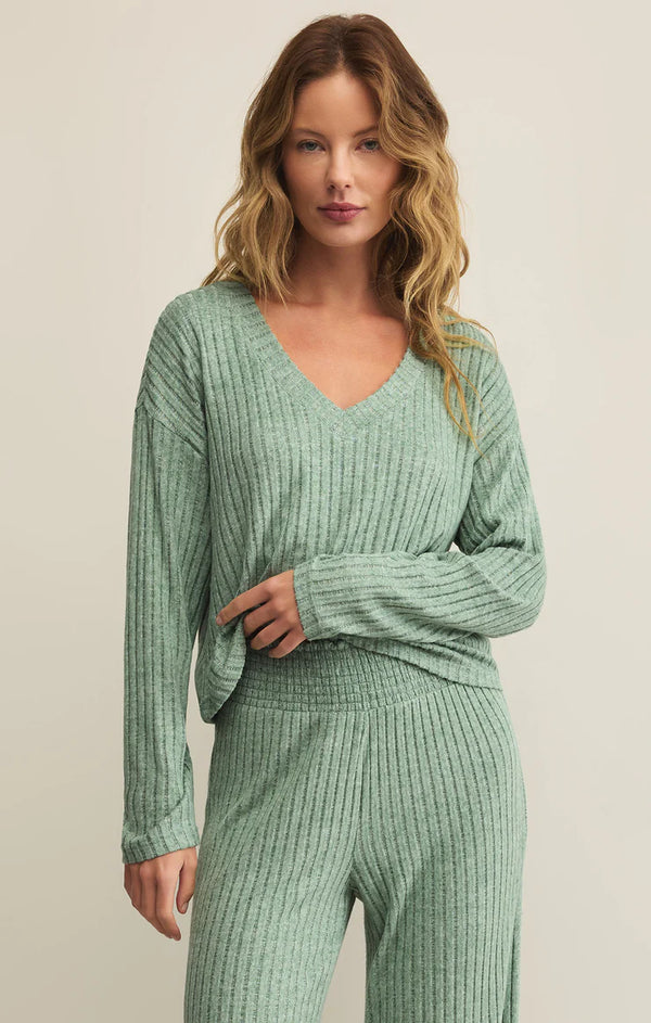 Valentina Rib Long Sleeve Top in Botanical Green