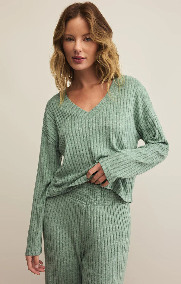 Valentina Rib Long Sleeve Top in Botanical Green