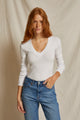 Viola Ribbed Cotton Modal V-neck Long Sleeve In White