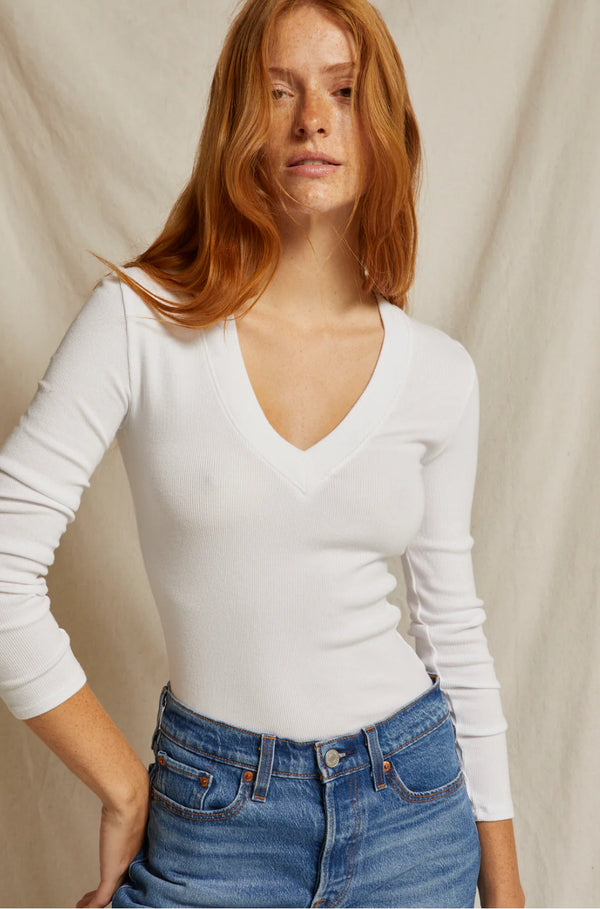 Viola Ribbed Cotton Modal V-neck Long Sleeve In White