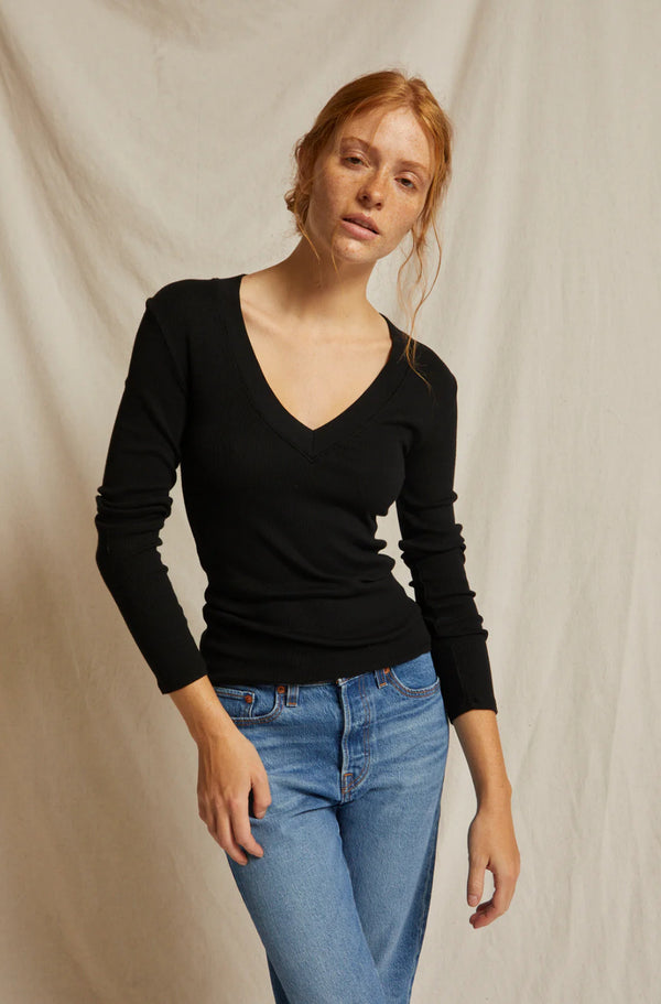 Viola Ribbed Cotton Modal V-neck Long Sleeve In Black