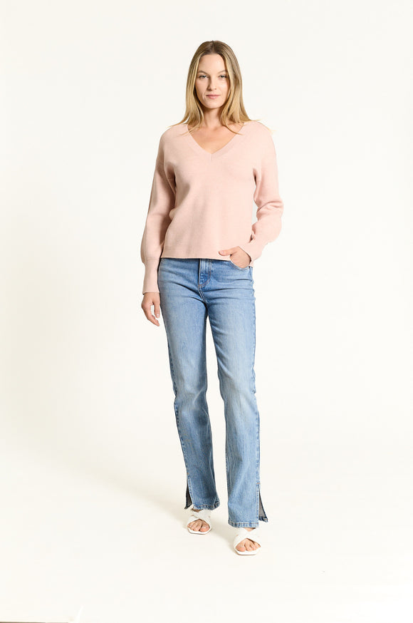 Oat NYC V-Neck Balloon Sleeve Sweater in Cameo Rose