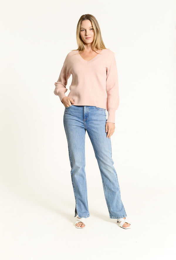 Oat NYC V-Neck Balloon Sleeve Sweater in Cameo Rose