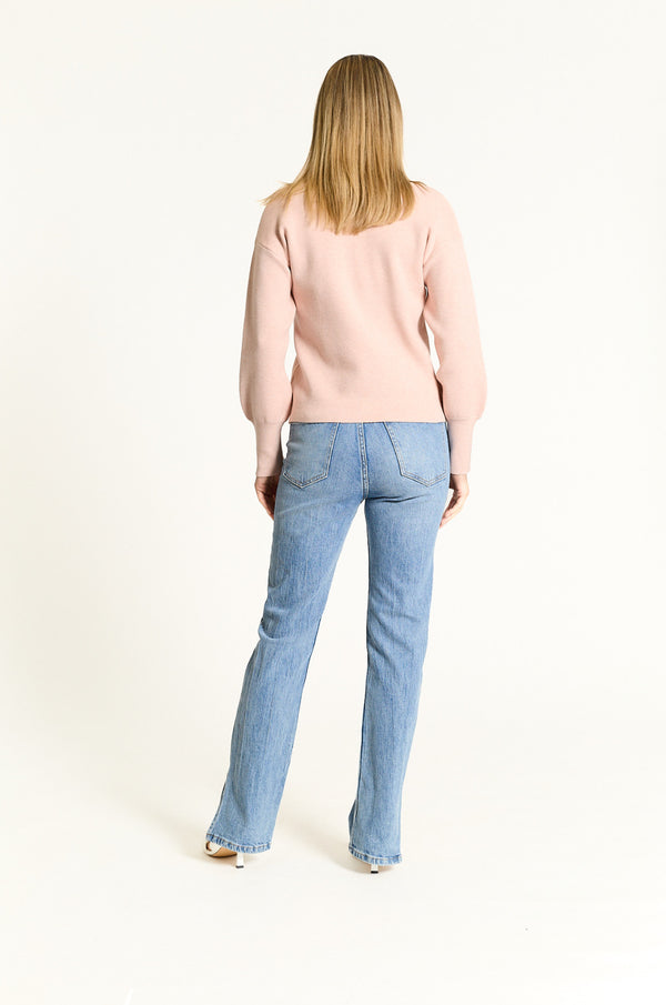 Oat NYC V-Neck Balloon Sleeve Sweater in Cameo Rose