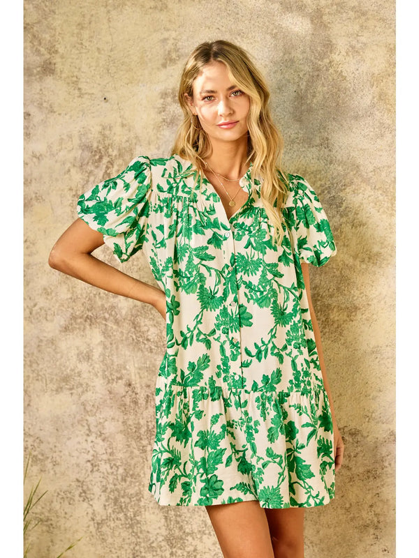 Melanie Floral Printed Button Down Mini Dress in Green - Romantiques