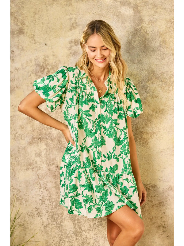 Melanie Floral Printed Button Down Mini Dress in Green - Romantiques