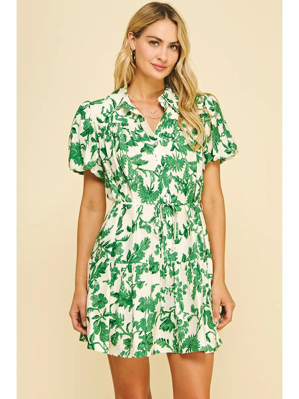 Melanie Floral Printed Button Down Mini Dress in Green - Romantiques