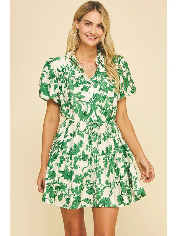 Melanie Floral Printed Button Down Mini Dress in Green - Romantiques