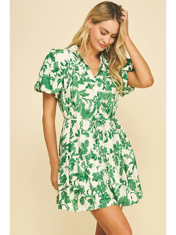 Melanie Floral Printed Button Down Mini Dress in Green - Romantiques