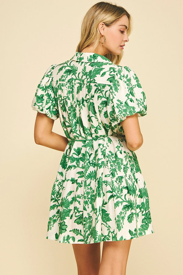Melanie Floral Printed Button Down Mini Dress in Green - Romantiques