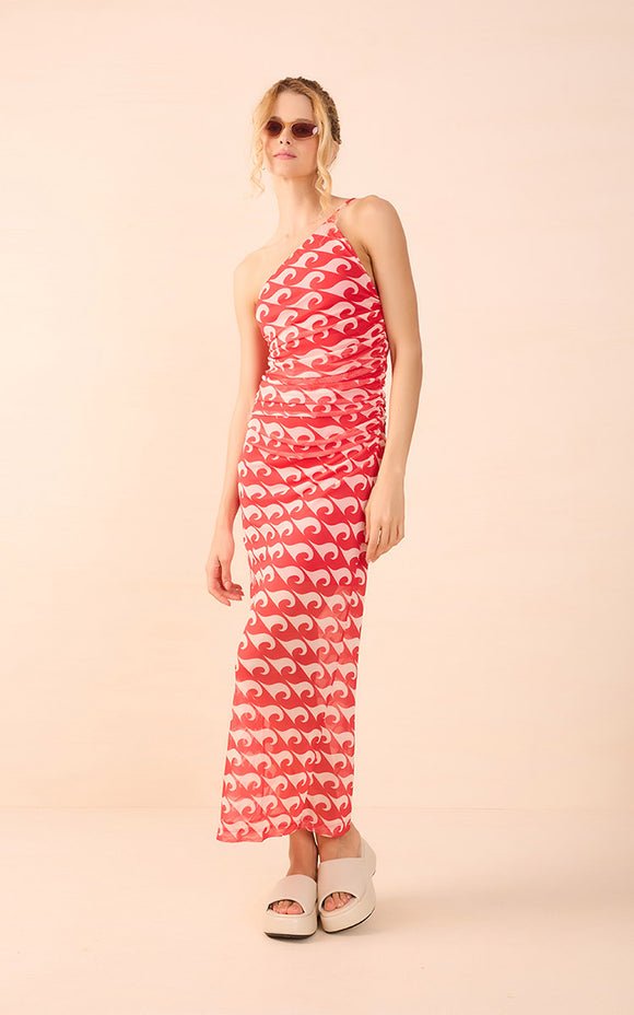 Francisca Wave Printed Maxi Dress in Coral - Romantiques